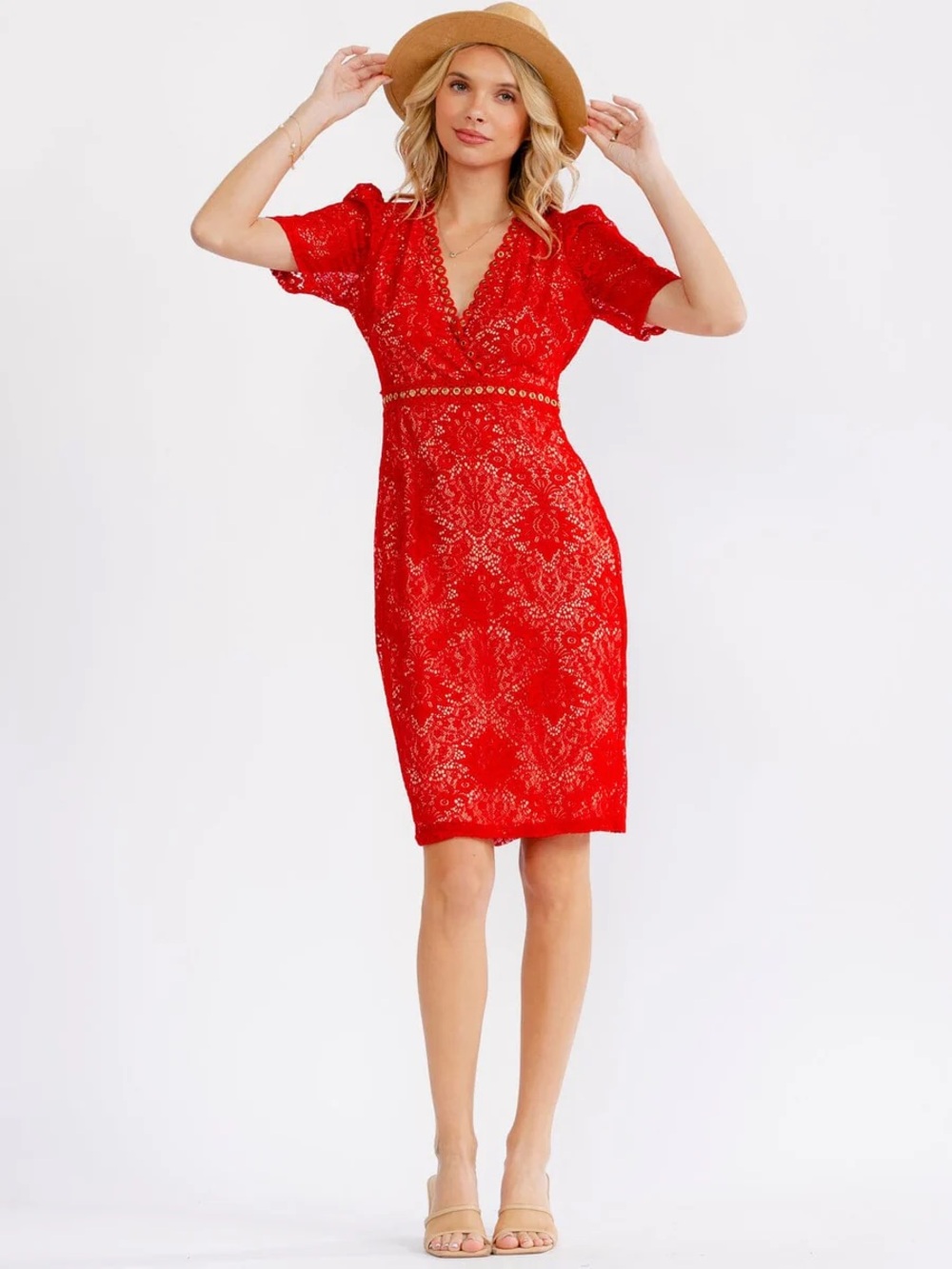 707. Just Me Red Lace Short Sleeve Puff Open Back Dress